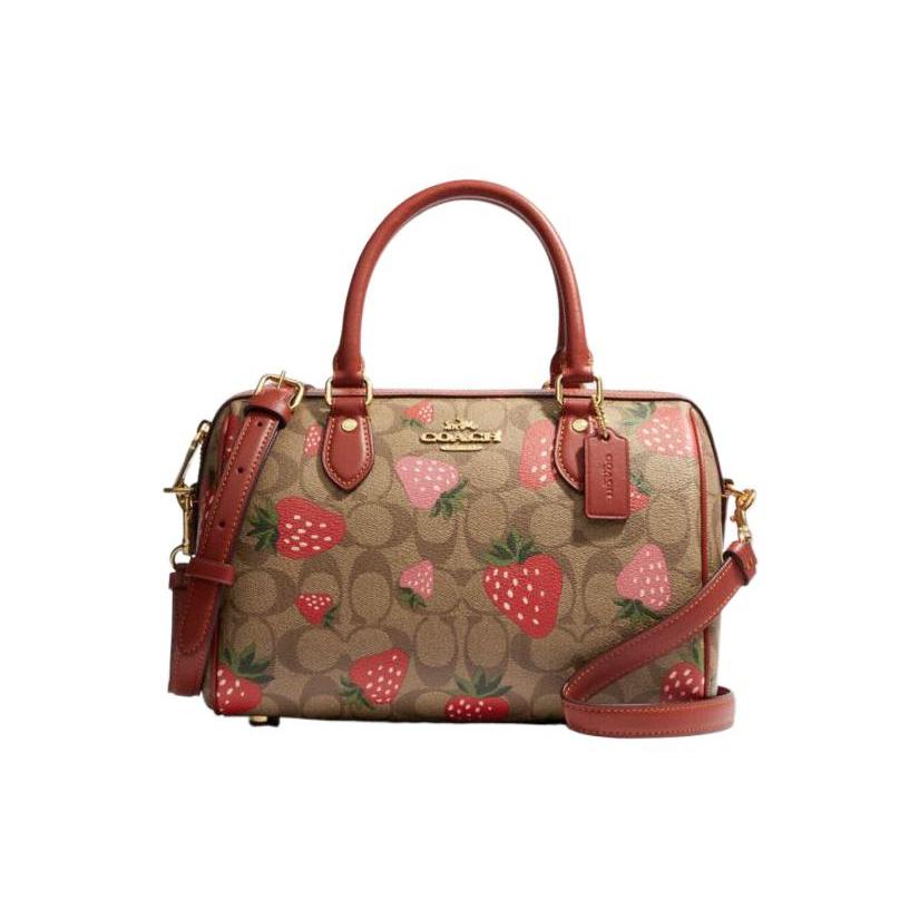 New COACH Rowan Coated Canvas With Leather Shoulder Bag, Crossbody Bag, Handbag Medium Size Women's Red & Brown CH511-IME7V