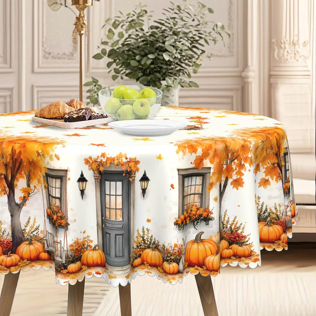 1 Fall Thanksgiving Vintage Elegant Pattern Tablecloth, Vintage Arch Swing, Maple, Pumpkin Tablecloth