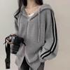 Korean zipper stripe knitted cardigan women's autumn winter oversized y2k outer wear lazy wind lapel hooded sweater jacket coats