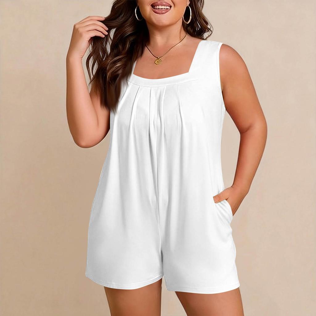 Women's Plus Size Casual Tank Top Sleeveless Pocket Jumpsuit Shorts Set