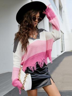 Damen lockerer kurzer V-Ausschnitt Pullover mit Herbst- und Winter-Quasten-Strickpullover