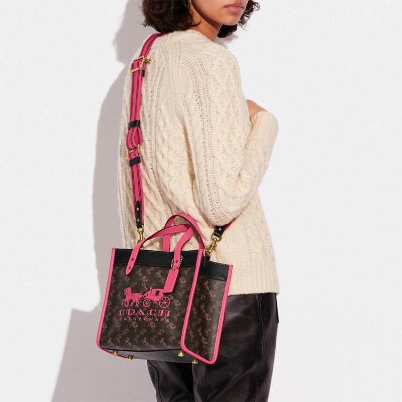 COACH Field 22 Classic Carriage Logo Print Leather Tote Bag Tote Bag Shopping Bag Shoulder Crossbody Handbag Small Women’s Brown Pink Color Blocking