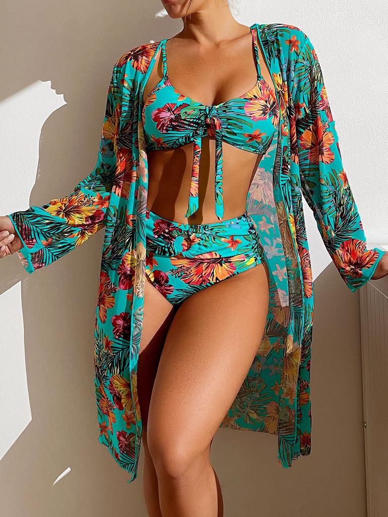 Long blouse split three-piece printed sexy swimsuit women's bikini new