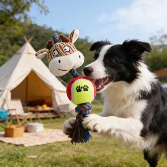 Plüsch Hundespielzeug Quietschende Tierkopf Tennisball Hund Kauspielzeug Interaktiver Seilknoten Zahnungsspielzeug für mittelgroße große Hunde Tauziehen Zahnpflege