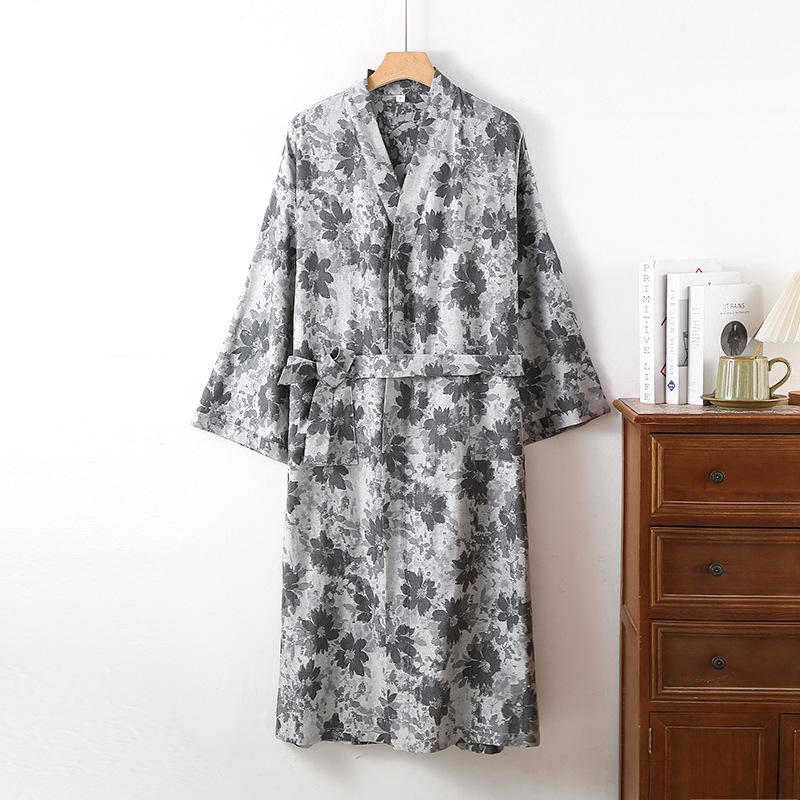 Men's Yarn-Dyed Pure Cotton Gauze Mid-Length Tie-Up Robe with Three-Quarter Sleeves – Spring to Autumn Wear