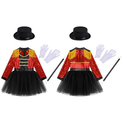Girls Circus Leotard Dress Long Sleeve Sequin Tassel Shoulder Back Zipper Tutu Costume Set Hat Gloves Accessories