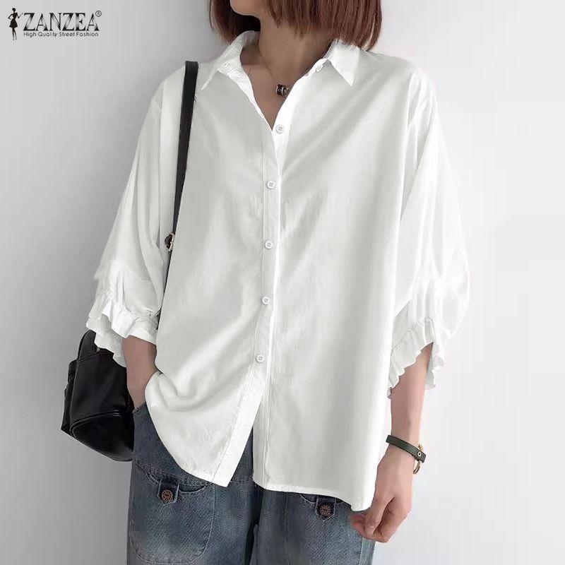 ZANZEA Damen Umlegekragen Locker 3/4-Ärmel Einfache Bluse