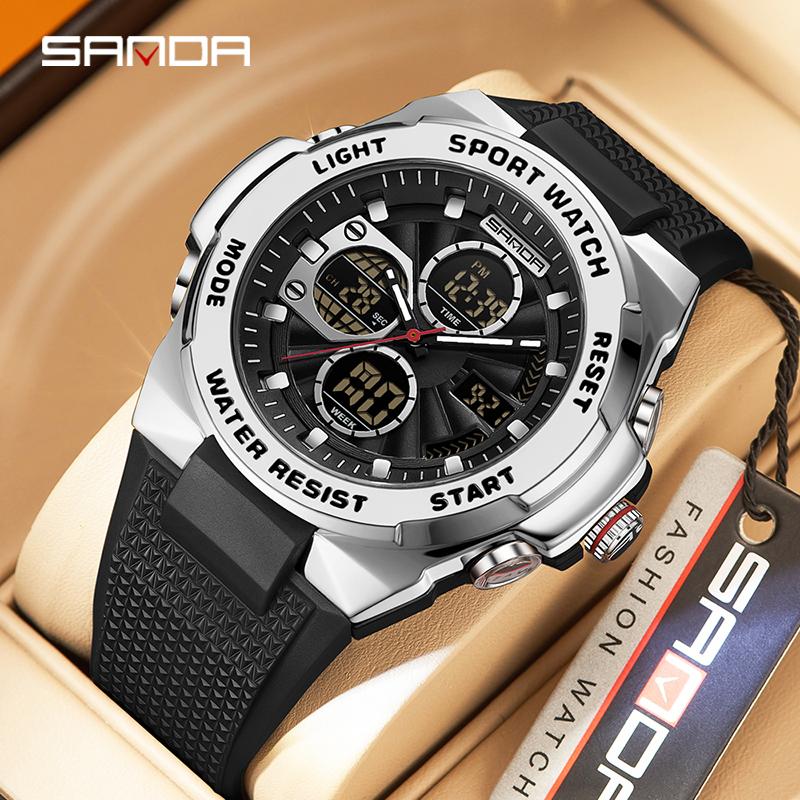 SANDA New Luxury Sport Mens Watch Dual Display Waterproof LED Luminous Digital Chronograph Quartz Man Watches Relogio Masculino