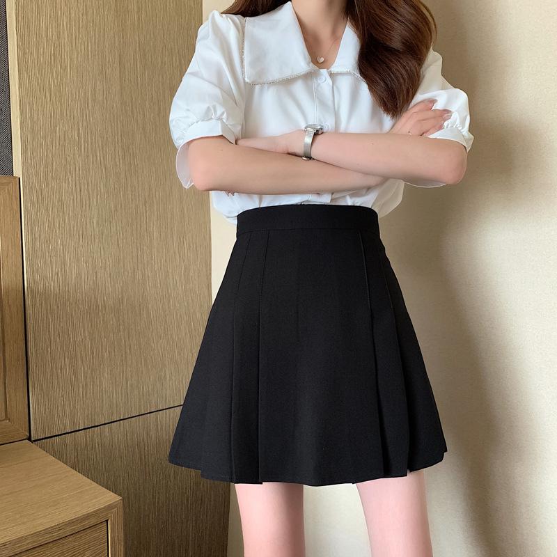 Women's Plus Size Korean Style Black Pleated A-Line Skirt - High Waist, Trendy and Slimming (Summer 2025)