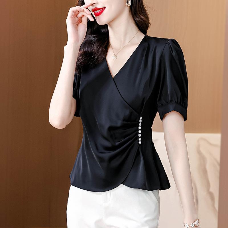 Nová letní korálková krátká halenka z šifonu s krátkým rukávem a výstřihem do V pro ženy