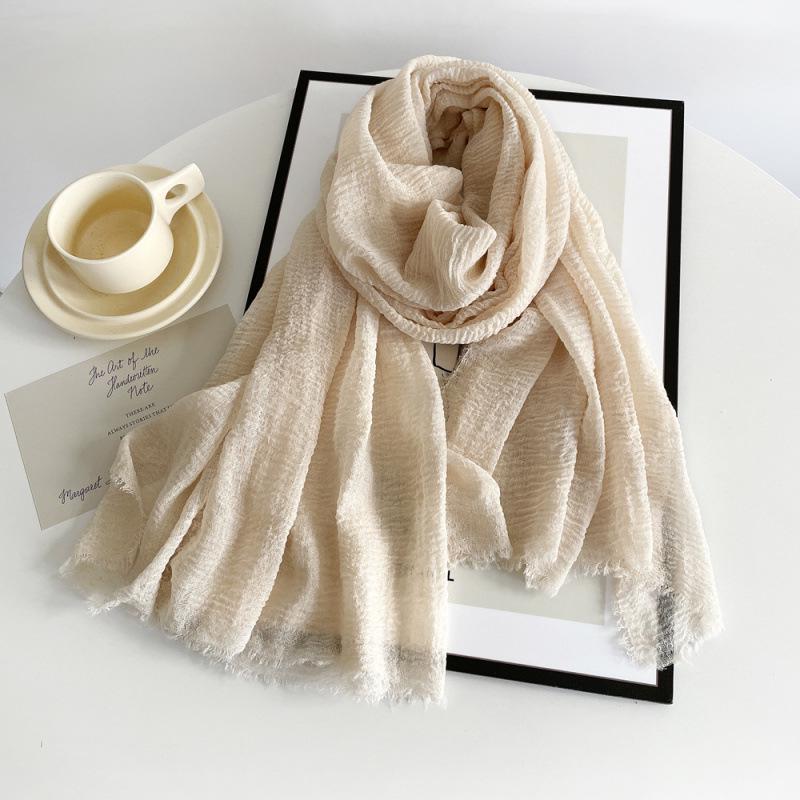 Women's Cotton Linen Gauze Scarf - Solid Color, Summer Sun Protection, Breathable, Retro Fringed Shawl