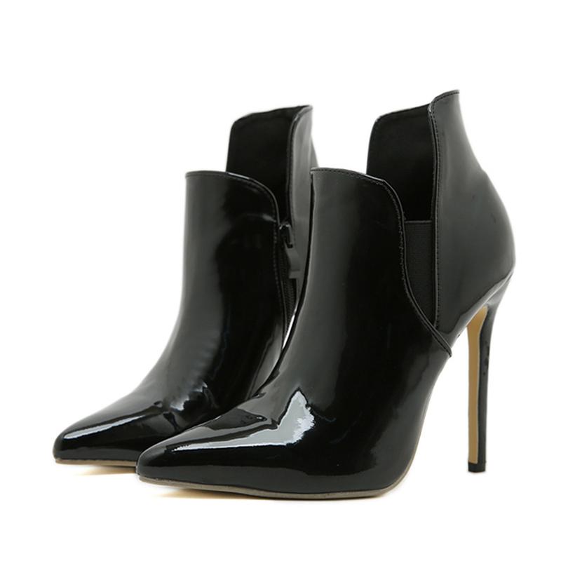 

Liyke Весенние женские туфли-лодочки из черной лакированной кожи, сексуальные ботильоны на молнии с острым носком для вечеринок, стриптиз-каблуки, современные ботильоны 35