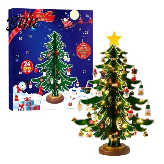 Mini Xmas Tabletop Decor with Lights Wooden Christmas Tree Advent Calendar 2026 24-Day Interactive Gift for Kids Ornaments Countdown Holiday