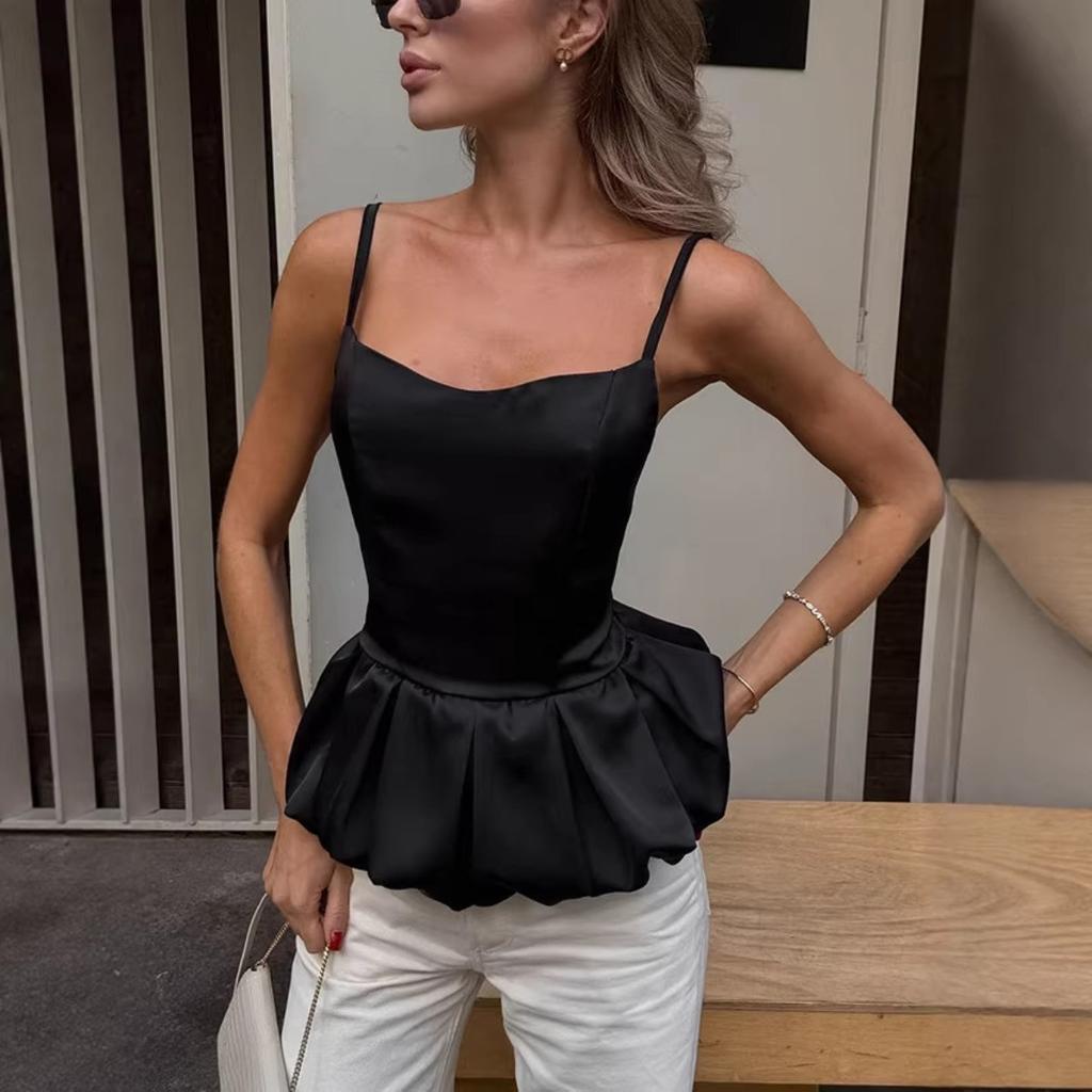 Top Peplum sin Mangas con Escote Corazón para Mujer Ajustado Elegante Color Sólido Blusa Camisola