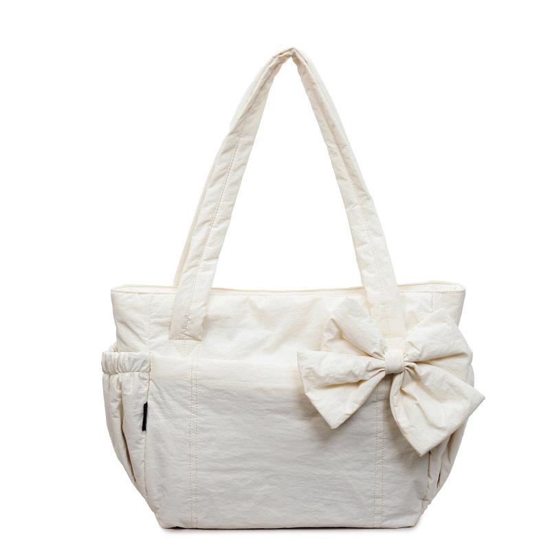 Bow cotton clothes tote bag women's solid color versatile underarm shoulder bag women's large-capacity commuter laptop bag