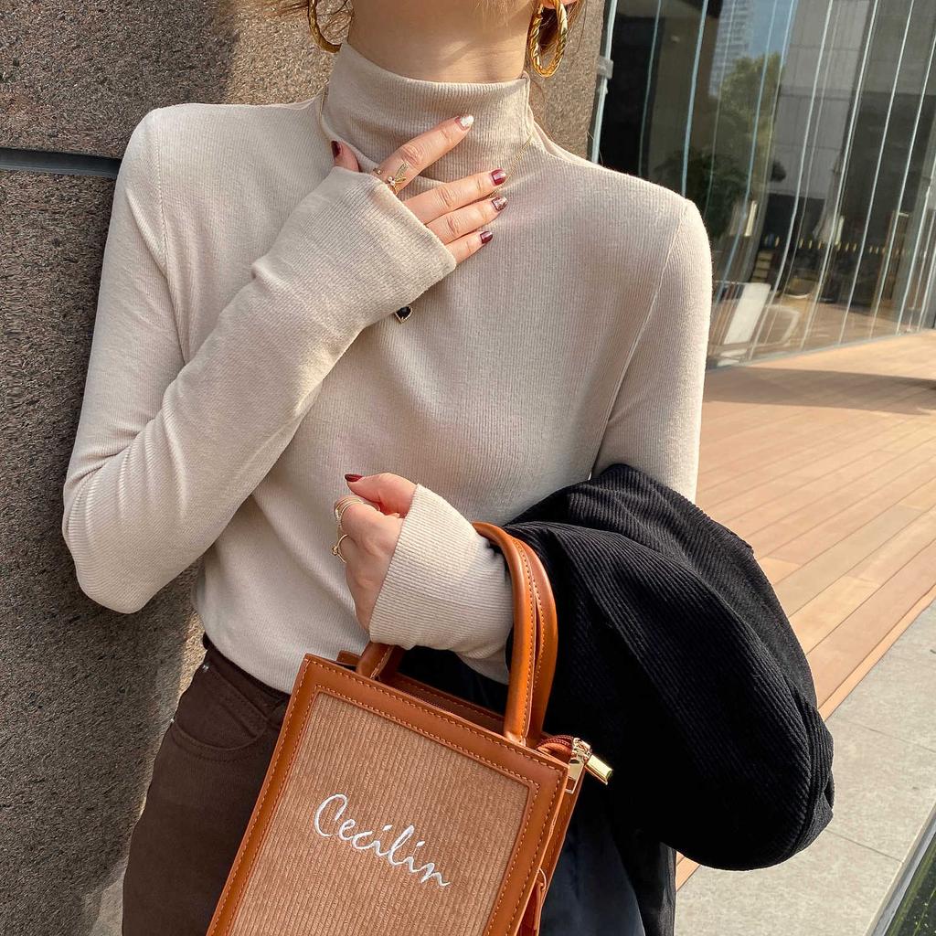 New Style Bottoming Shirt for Women In Autumn and Winter Half Turtleneck Slim Fit Long Sleeves White Top Inside