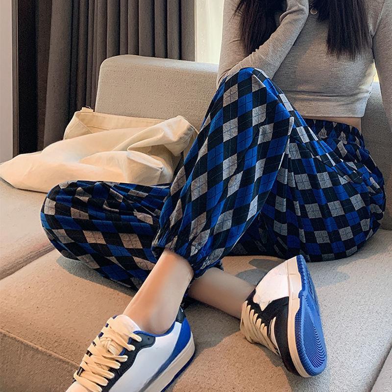 Summer Women's Harem Pants Plaid Print High-waisted Corset Casual Cropped Pants