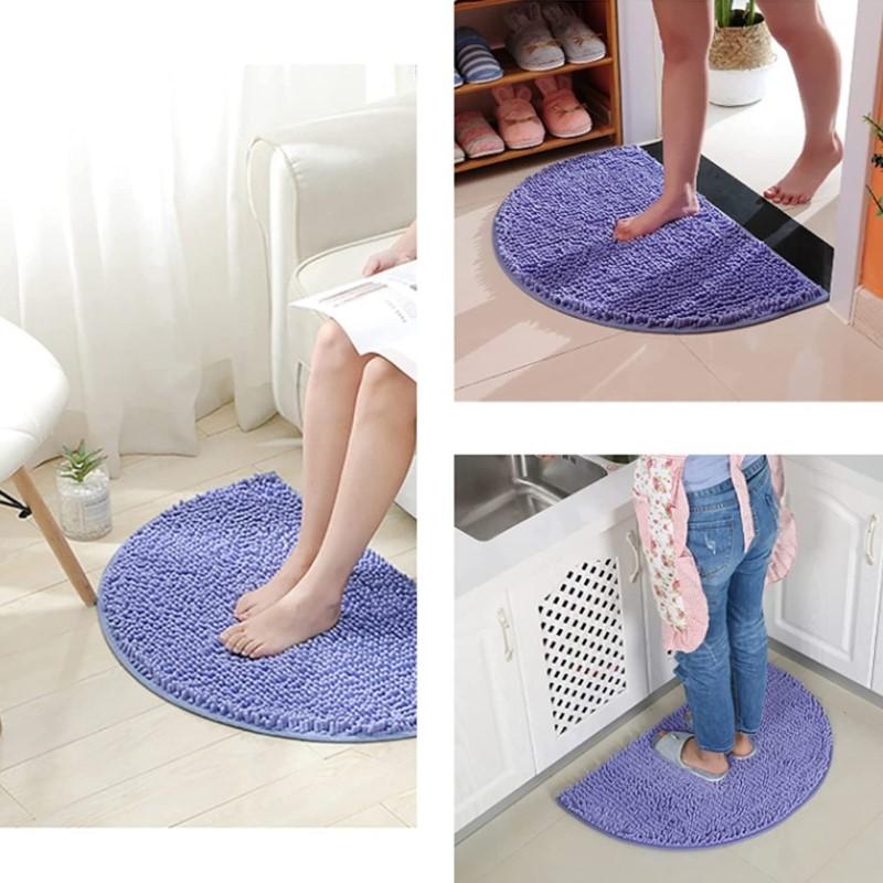 Inyahome Non-Slip Shaggy Chenille Half Round Bathroom Rug Soft Microfibers Bath Mat with Water Absorbent Machine Washable Blue