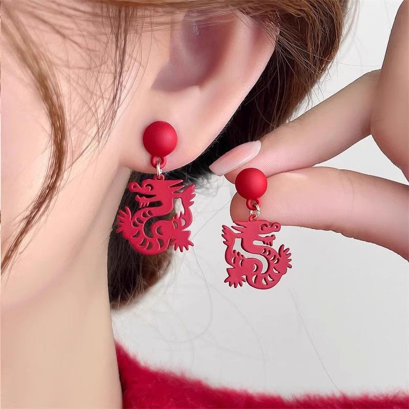 Chinese Style Red Little Lion Bell Pendant Earrings for Women The Year of The Dragon Gift New Year Festive Jewelry Gifts