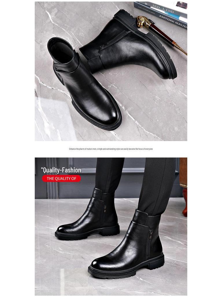 Men's Winter Leather Chelsea Boots with Soft Cowhide, Side Zipper, and Velvet Lining