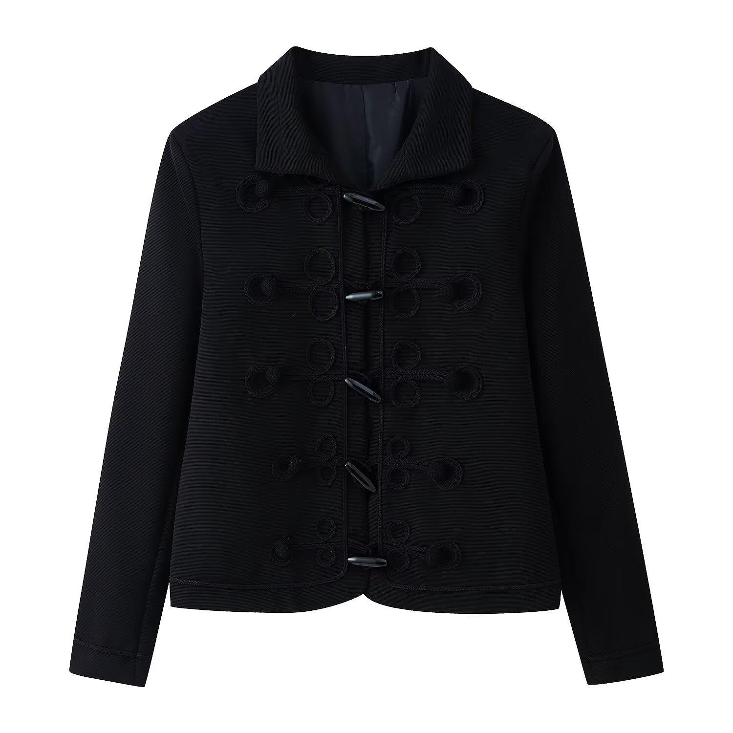 

European & American Women s Fashion Casual Stand Collar Jacket with Frog Button Details Large чорний