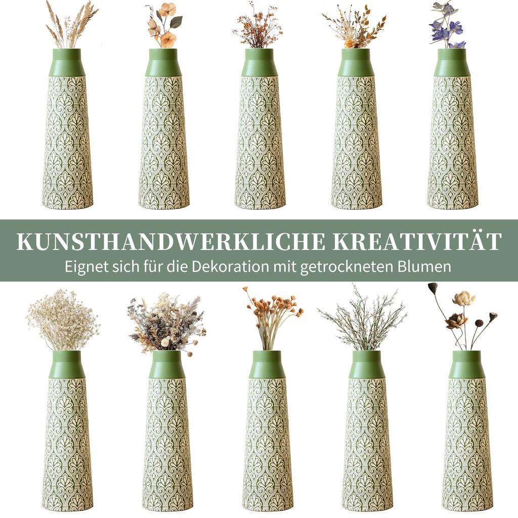 Grünes Metall-Bodenvasen-Set (3 Stück) - 61,5/51/43,5 cm hoch, Retro-Dekoration, Nicht wasserdicht, Ideal für Trockenblumen & Pampasgras