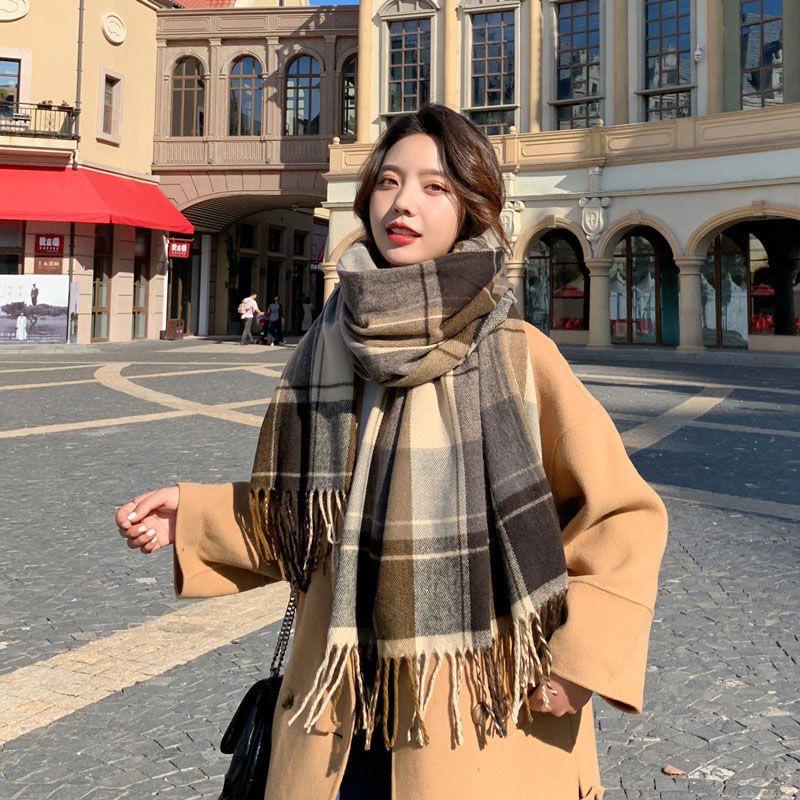 Women's Autumn/Winter Plaid Scarf - High-End Color-Block Tassel Shawl, Thick Imitation Cashmere Neck Warmer.
