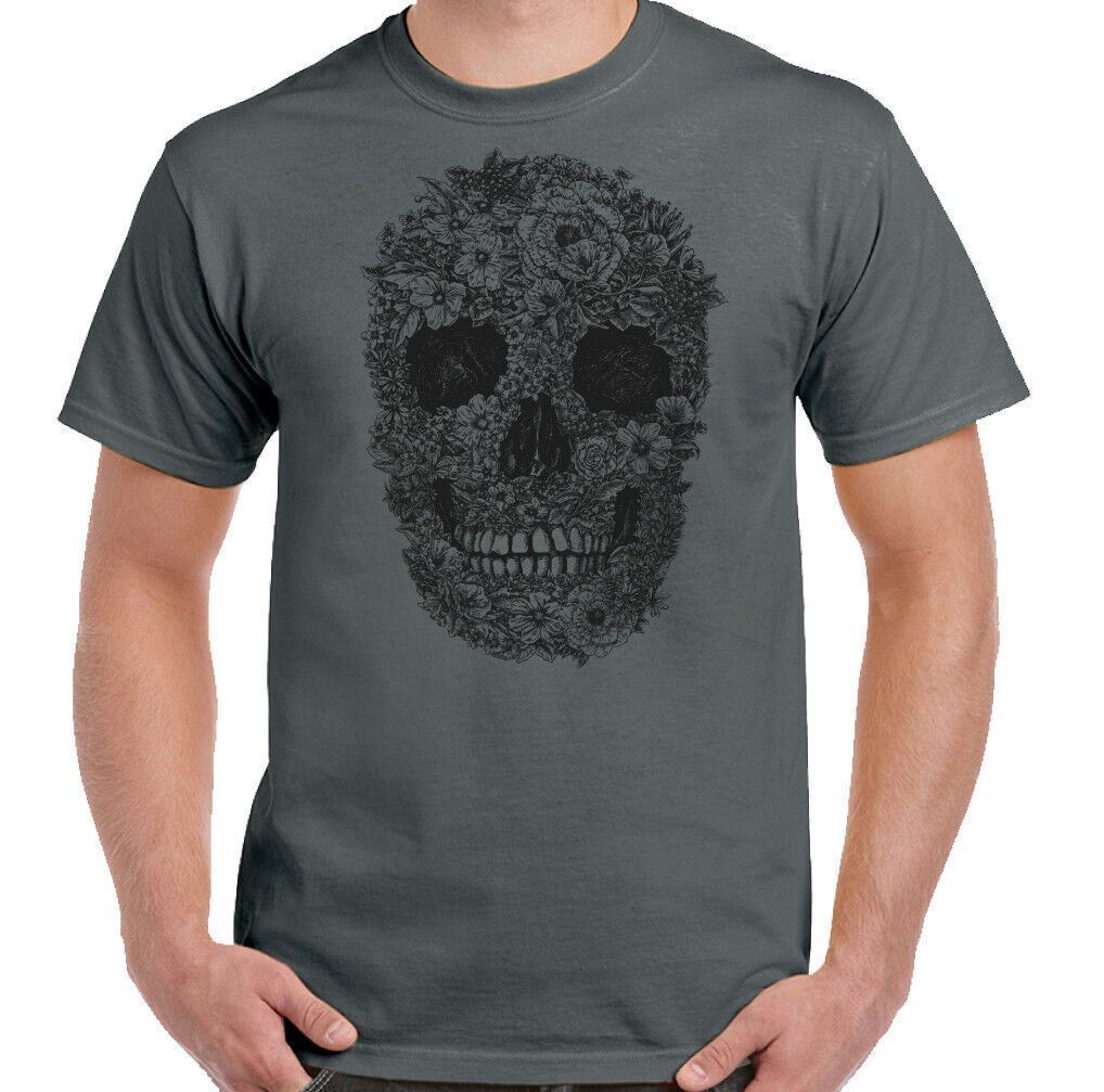Skull T-shirt Biker Mens Gothic Tattoo Motorbike Rock Music Guitar Drum Flowers XXXXL
