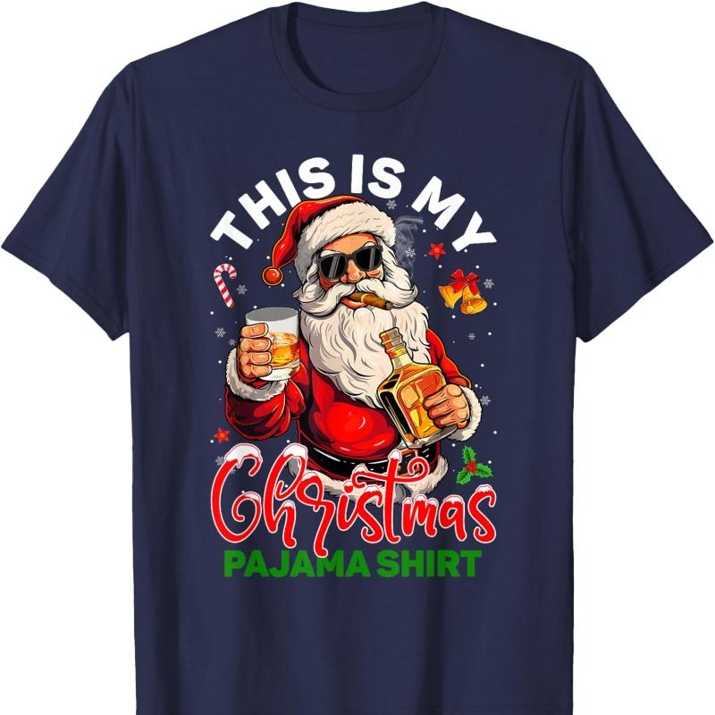 

This Is My Christmas Shirt Santa with Bourbon Cigar Cotton TShirt Short Sleeve Crew Neck All Seasons Comfortable Utdoors Tees S