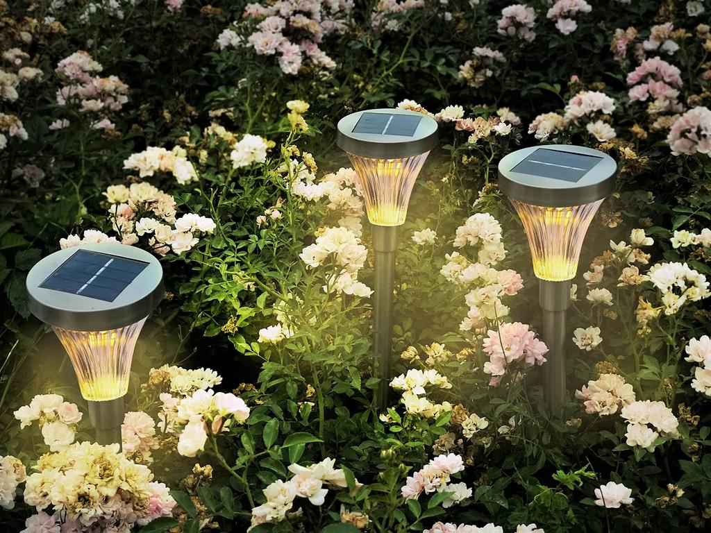 GWSOLAR [Set of 3 Solar Lights with Stainless Steel Pole] Light Color: Warm White, Slim Design, Modern and Stylish Light, In-Ground Insertion, Light