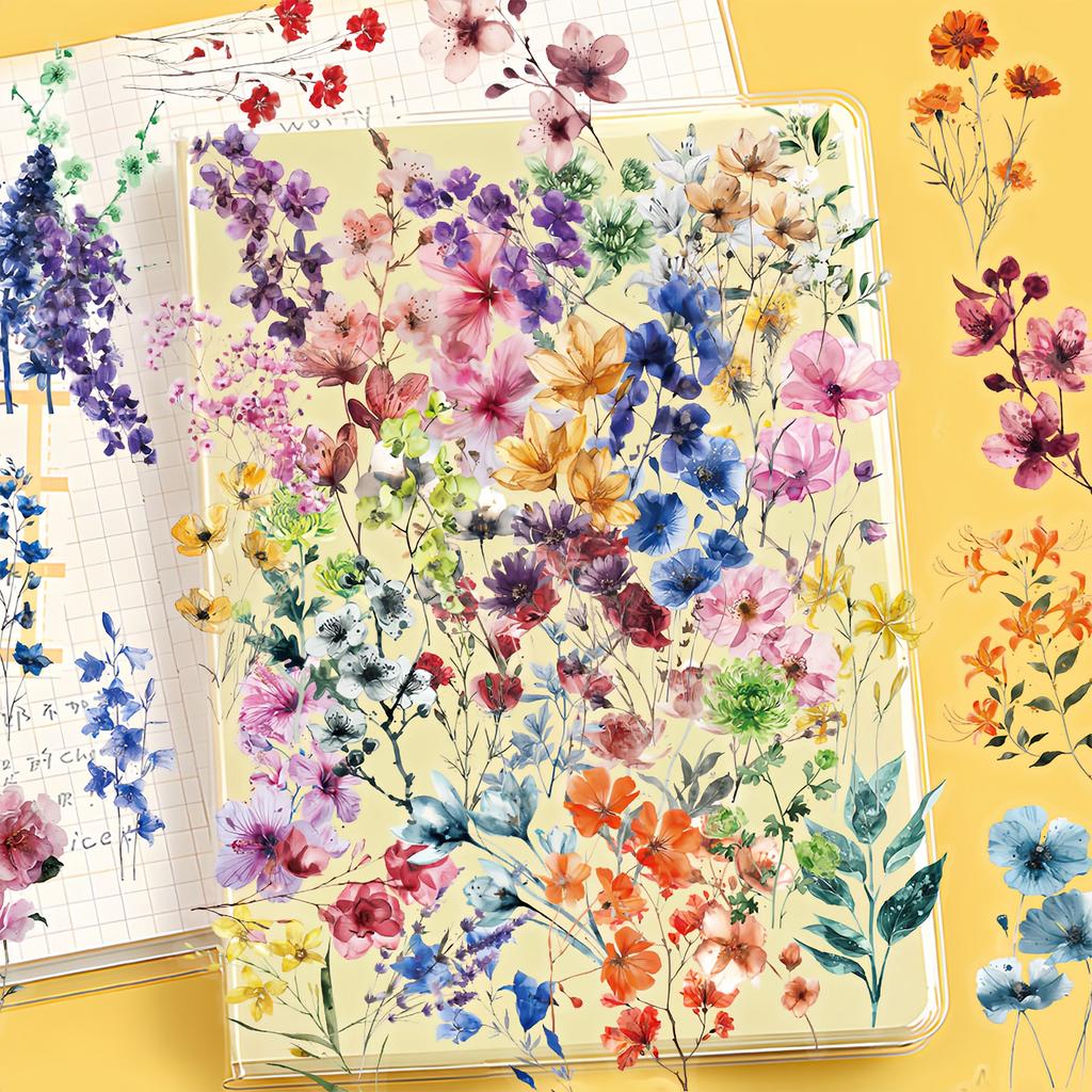 50-Piece Watercolor Floral Sticker Pack for Instagram Waterproof Transparent PET Material Flower Decorations for Handmade Notebo