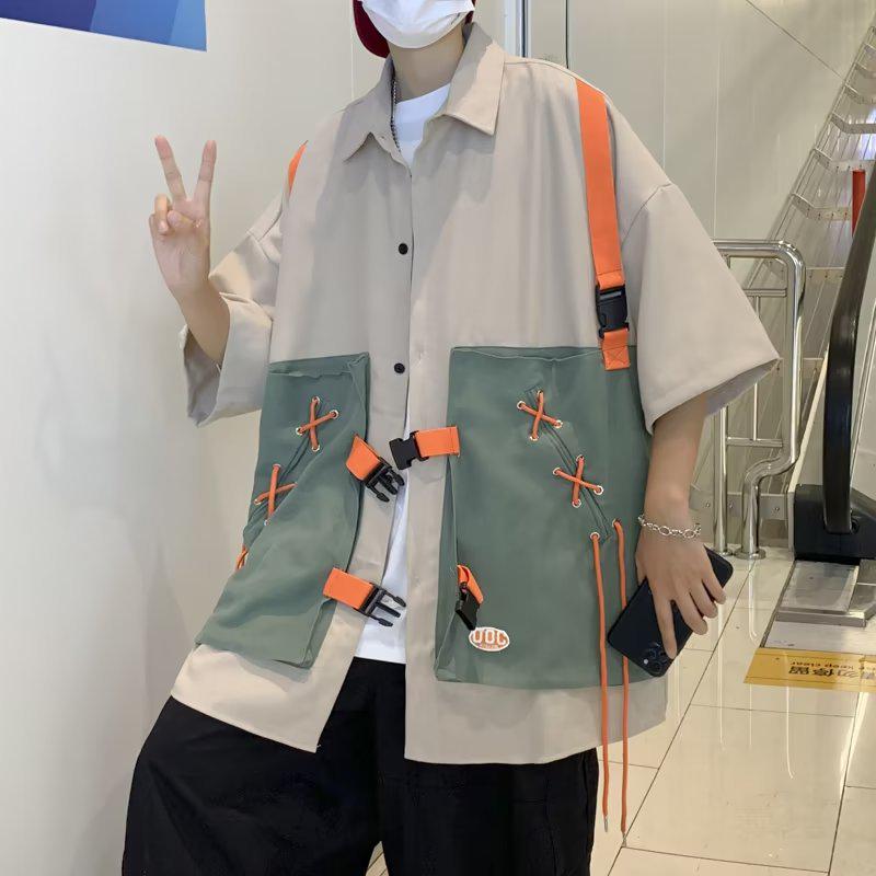 

Унісекс ретро стильна сорочка з короткими рукавами у вуличному стилі - європейський та американський літній тренд Гонконгу 2XL хакі