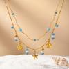 Vnox Boho Gold Plated Turquoise Imitation Pearl Wave Necklace for Women Seashells Conch Starfish Charms Choker Holiday Jewelry