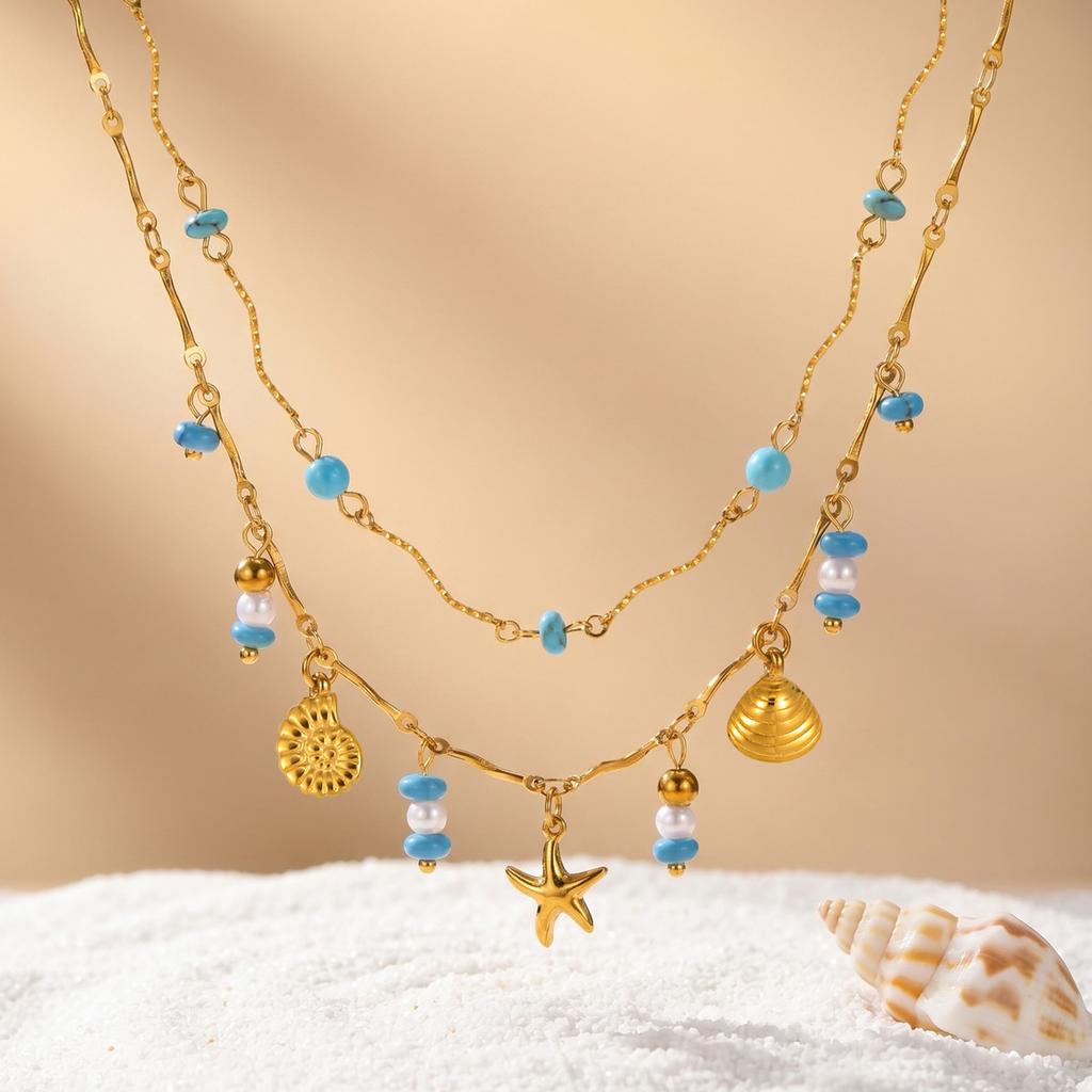 Vnox Boho Gold Plated Turquoise Imitation Pearl Wave Necklace for Women Seashells Conch Starfish Charms Choker Holiday Jewelry