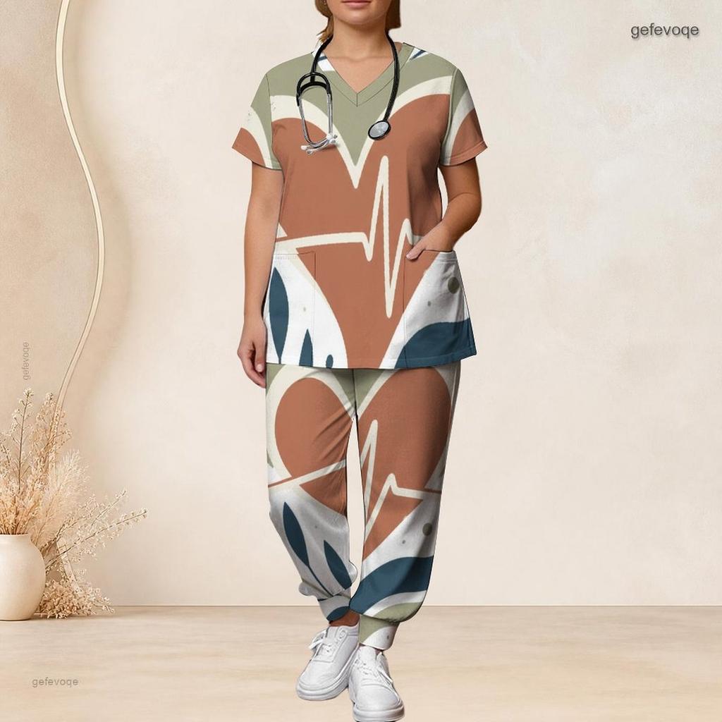 Women Plus Size Boho Leopard Palm Leaf Mix Print Scrub Set Short Sleeve V Neck Top And Wide Long Pants Medical Uniform