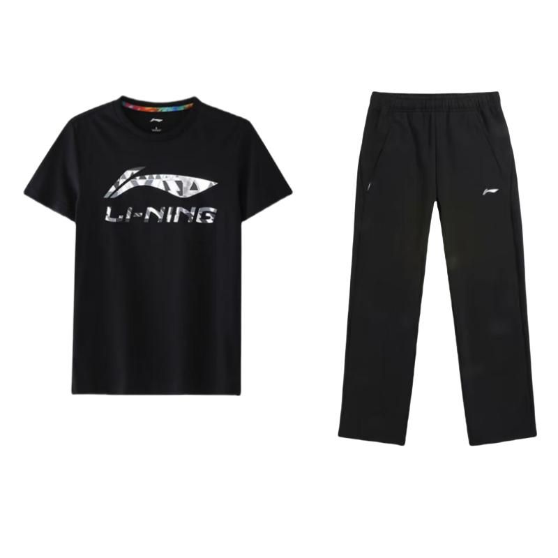 Li-Ning Loose Big Logo Round Neck Short Sleeve T-Shirt Casual Straight Leg Pants Sports Set Men sets Black AKLUA81-1+ATSQ163-1