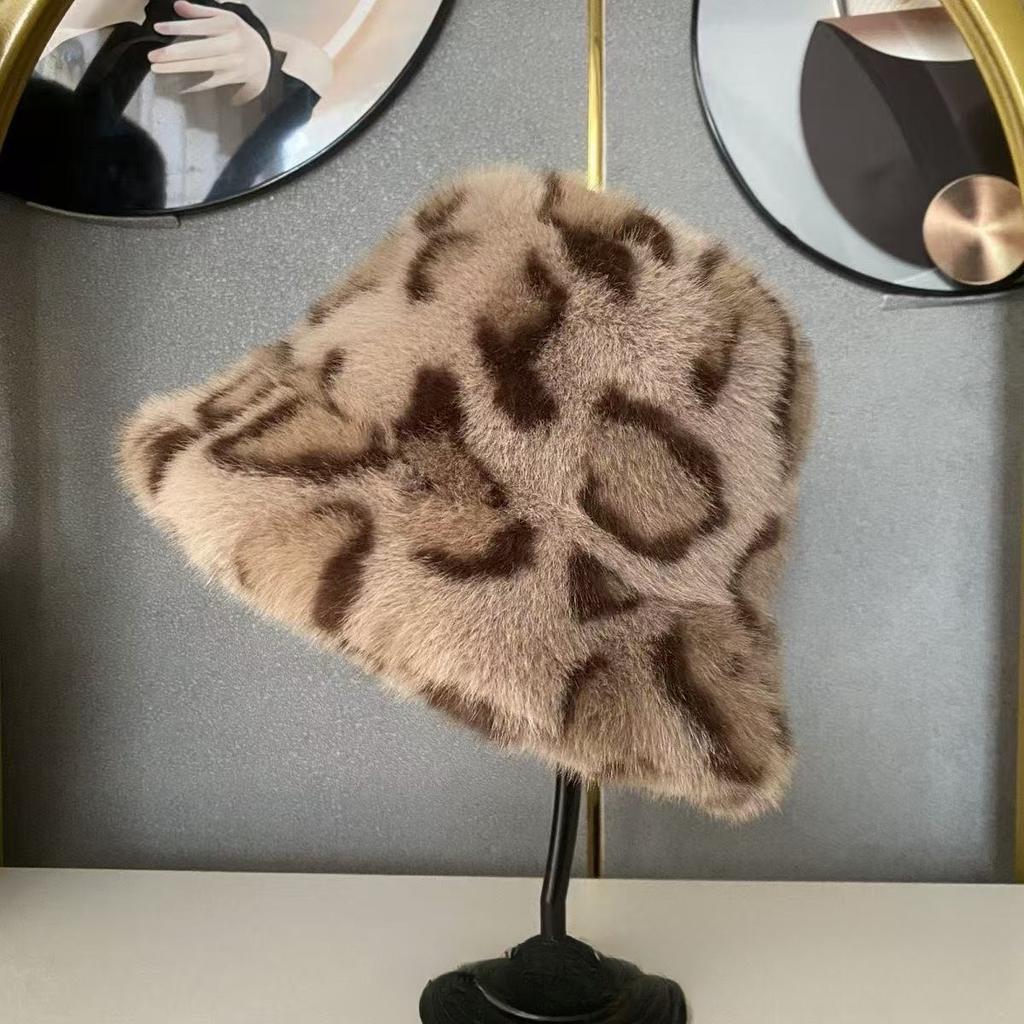 Winter Cross-border New Trend Plush Hat Women's Korean Version Fashion Foreign Style Leopard Print Bucket Hat Versatile Basin Hat To Keep Warm