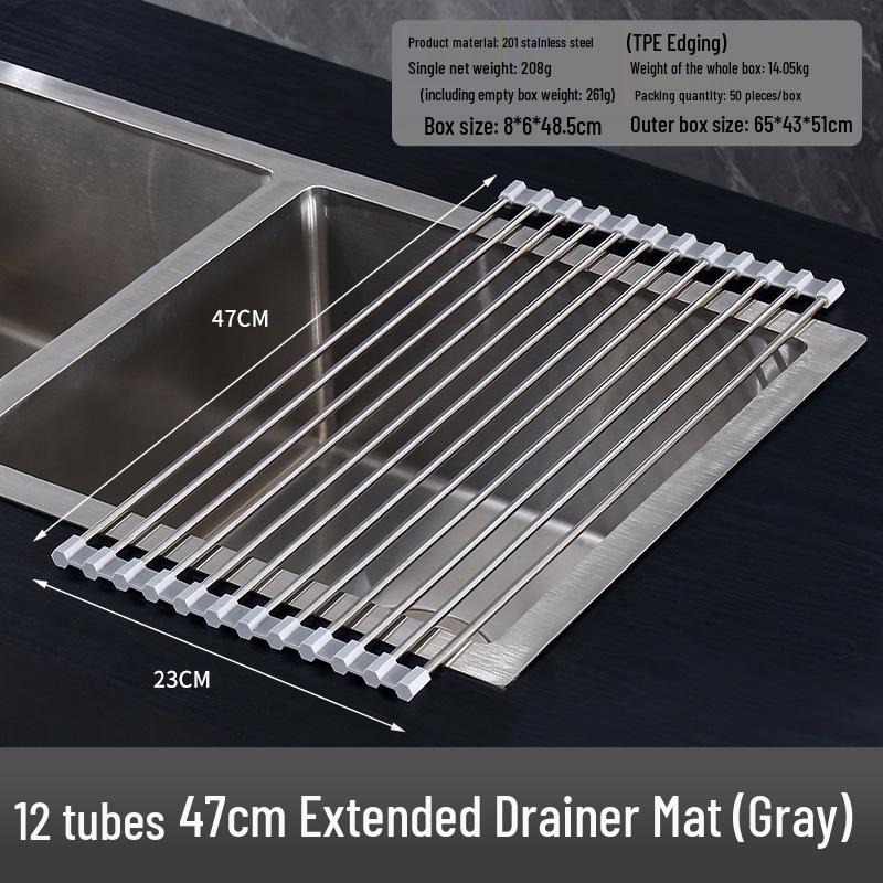 Foldable Stainless Steel Sink Drainer Rack & Roll-Up Dish Mat