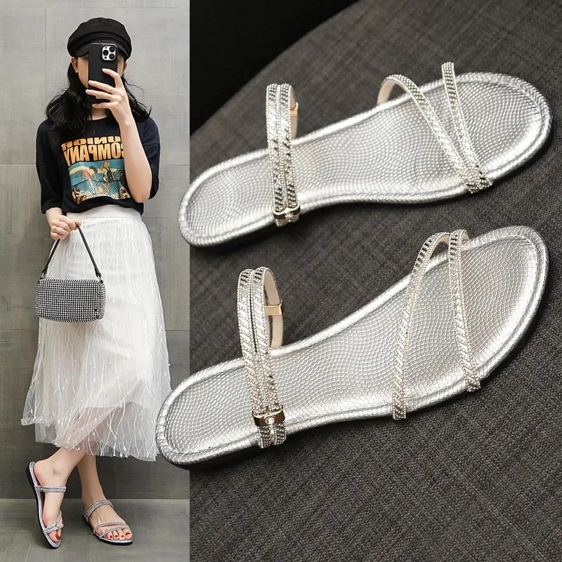 Women's Flat Slippers Rhinestones Soft Sole One Kick Women's Sandals New Dress Beach Summer Two-wear Fashion Sandalias De Mujer