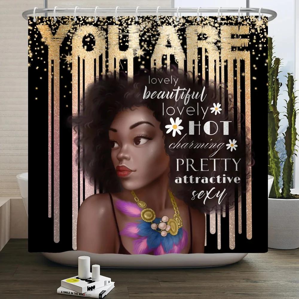 African American Woman Shower Curtain Sexy Black Girl Lady Inspirational Queen Abstract Boho Waterproof Bathroom Shower Curtain