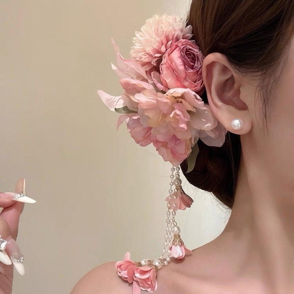 Elegant Design Flower Hairpin Pink Floral Headdress Tassel Hanfu Hair Accessories  Party Wear
