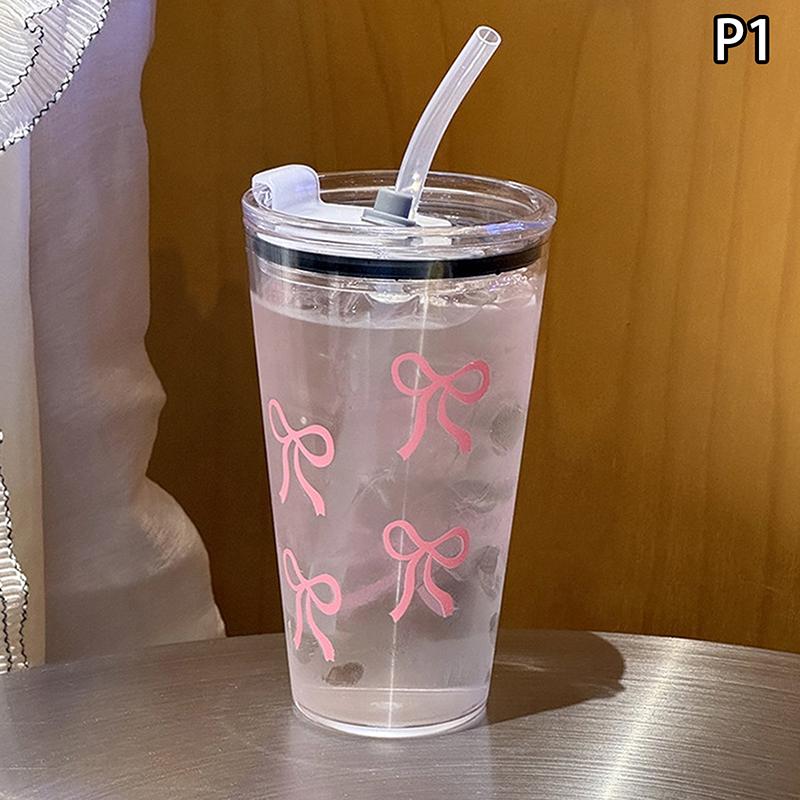 Chic Bow Printed 16.9oz Plastic Water Bottle With Straw And Lid Coffee Cup Travel Mug For Hot And Cold Drinks Outdoor Tableware