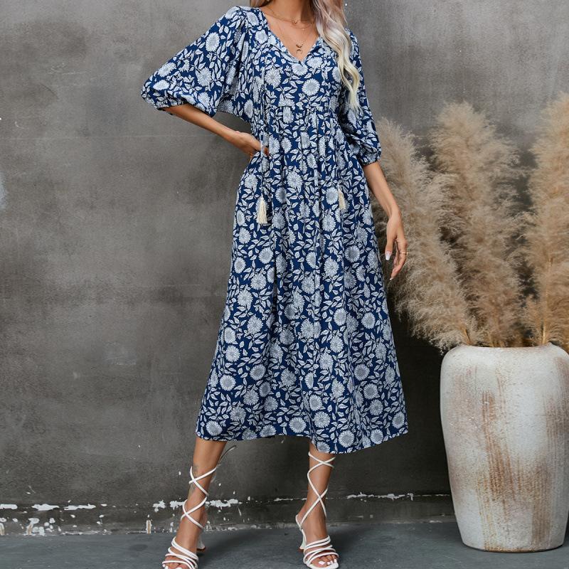 Women Summer Boho Ethnic Print Mid Sleeve Dress Loose High Waist Comfortable Cotton Long Dress Slimming Flattering Fit