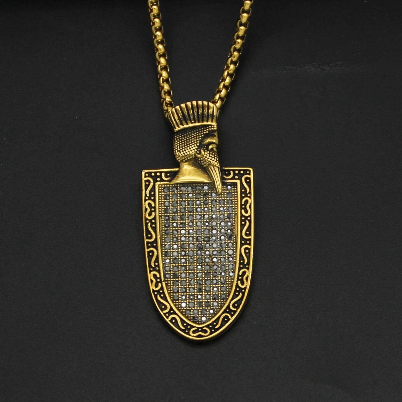 

Lce Out The Faravahar Iranian Shield 316L Stainless Steel with rhinestone Pendant & Chain Gold Color Men Gift Jewelry Necklace 60CM