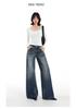 Retro bamboo pattern wide-leg jeans for women's autumn new Spice Girls loose and not close to the legs, washed straight trousers