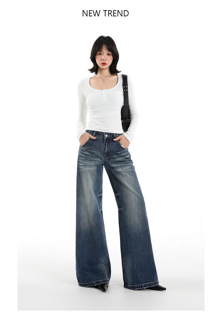 Retro bamboo pattern wide-leg jeans for women's autumn new Spice Girls loose and not close to the legs, washed straight trousers