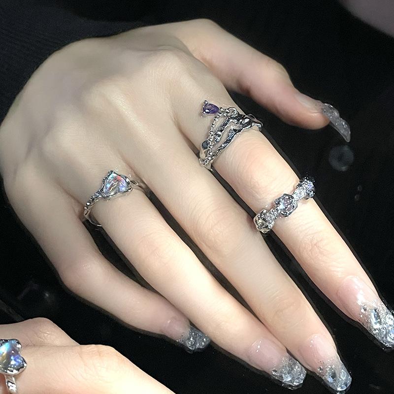 Niche Design Moonstone Chain Love Combination Stacked Open Ring Gemstone High Sense Ring Female Personality