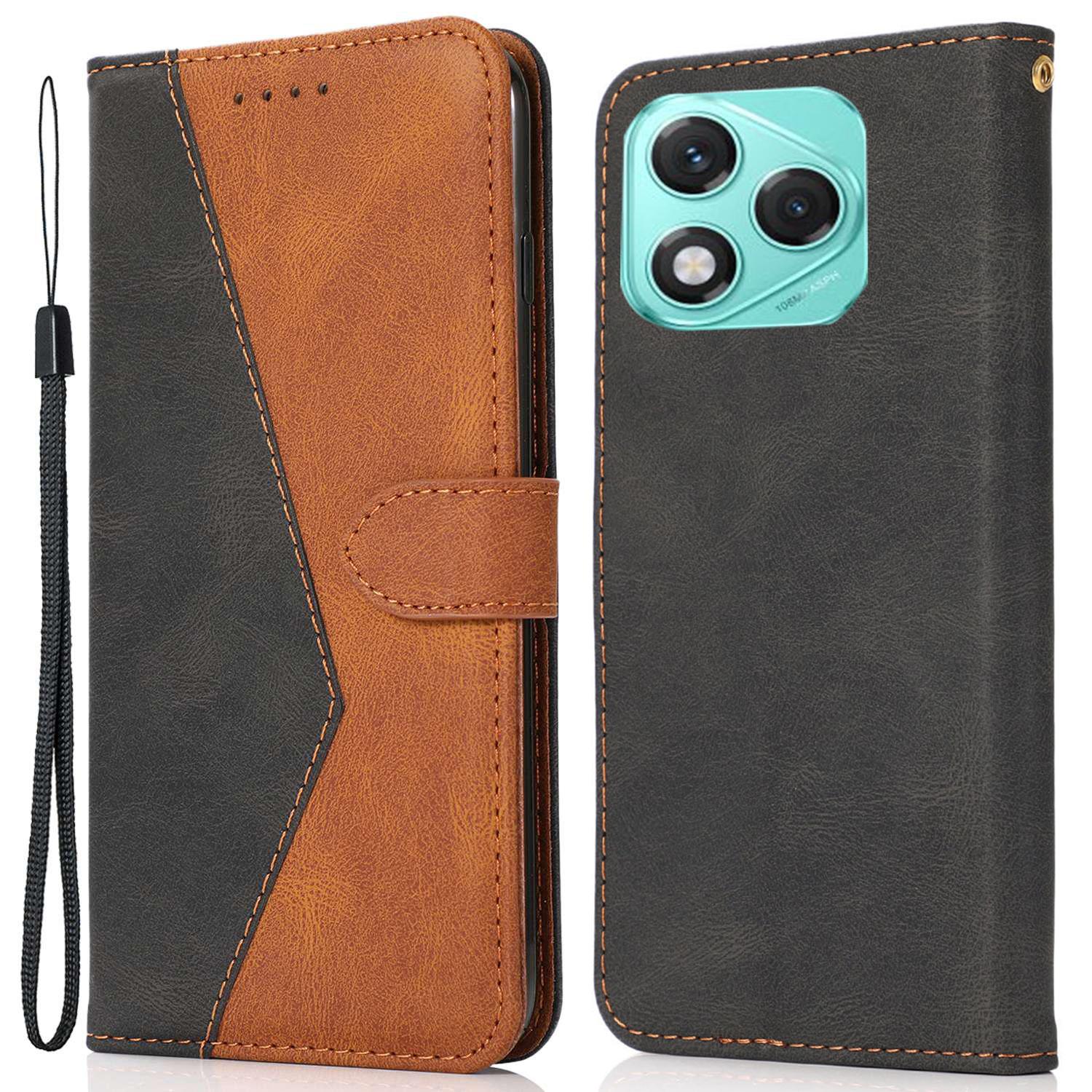 

For Honor 400 Lite 5G Case Color Splicing Wallet Stand Leather Phone Cover with Wrist Strap Black/Brown