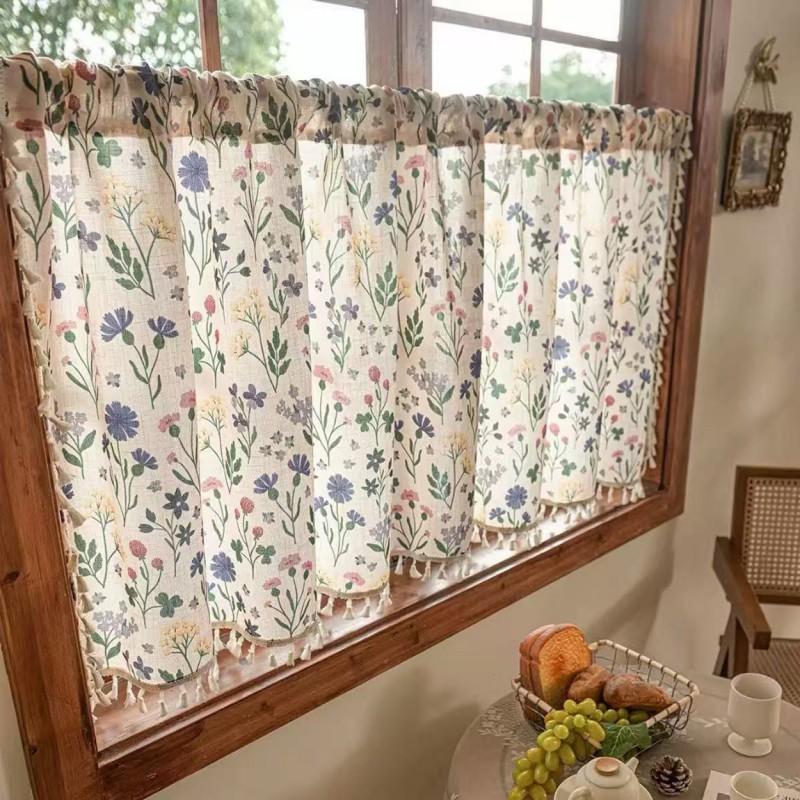 Püskül Kenarlı Modern Çiftlik Evi Şeffaf Kapı Perdesi Çiçek Baskılı Oturma Odası Yemek Odası Kafe
