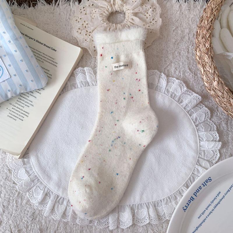 Dot Yarn Wool Socks for Women's Autumn and Winter, Letter Fabric Label Mid-calf Socks, Warm and Thickened Plush Pile Socks